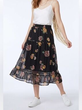 Vero Moda Black Highrise Floral Print Lined Tiered Midi Skirt Size Medium